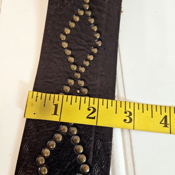 Vintage Fossil Studded Brown Leather Belt Wide Western Moto Boho L